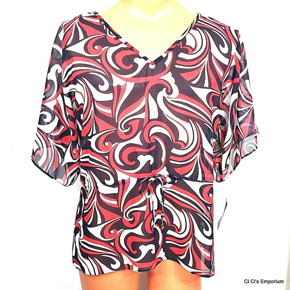Chaps Tunic Top Large Waist Tie Blue Red White